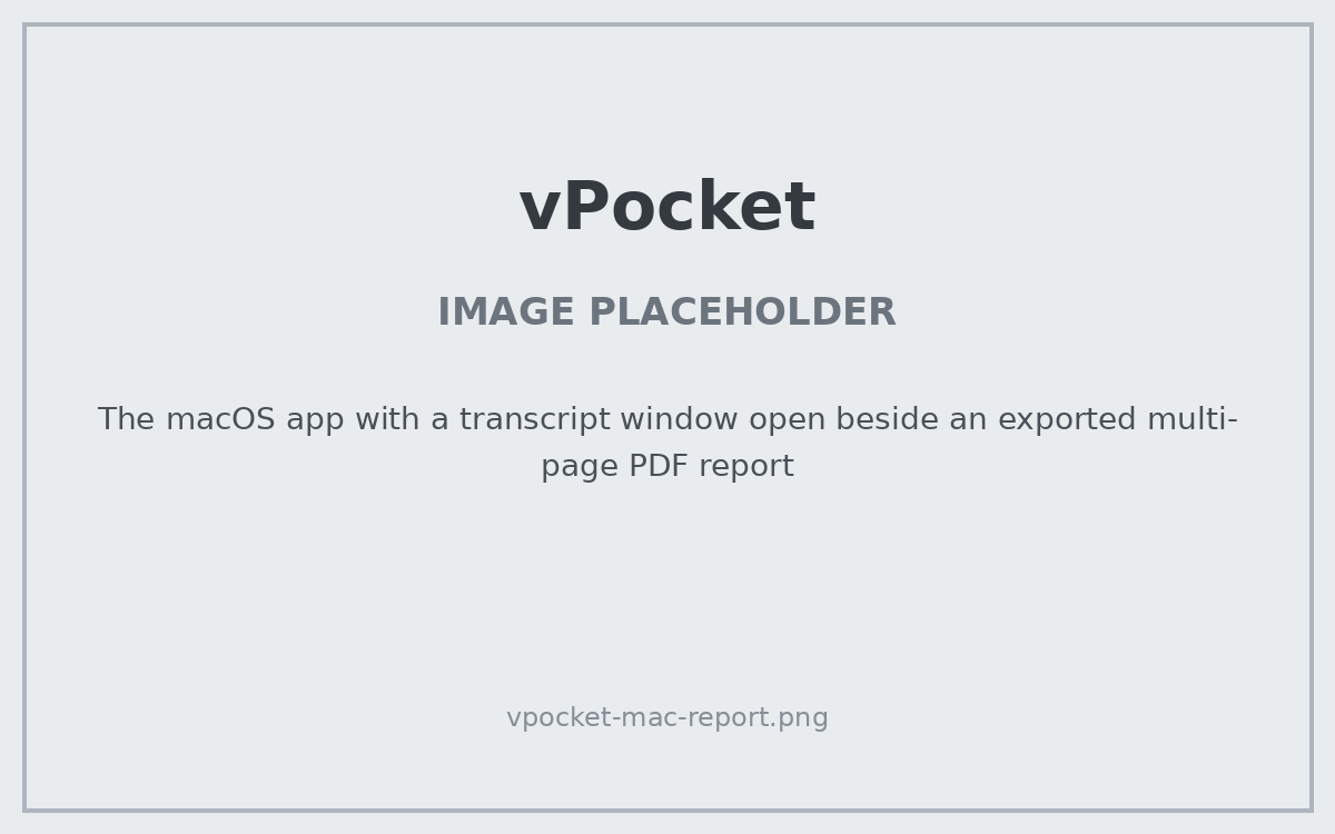 PLACEHOLDER: The macOS app with a transcript window open beside an exported multi-page PDF report